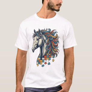 Färgglatt Hästpusselbit Vintage Gravyr T-Shirt