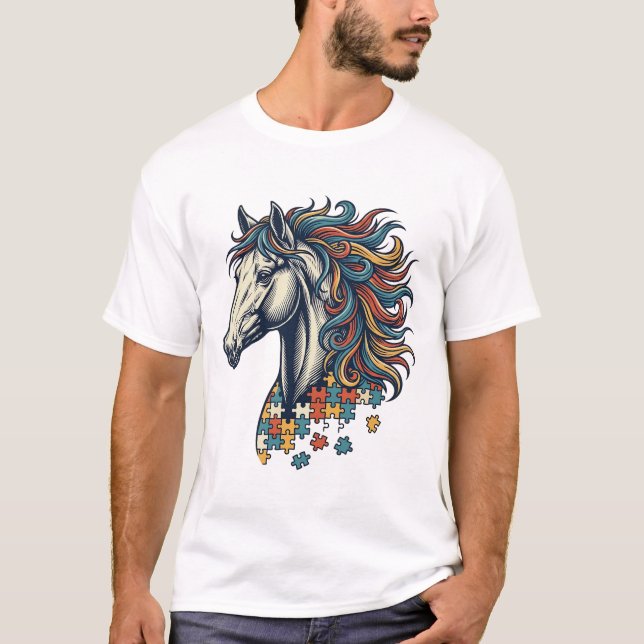Färgglatt Hästpusselbit Vintage Gravyr T-Shirt (Framsida)