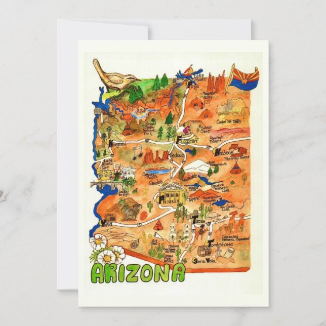 Färgglatt Illustrerad Arizona Karta Platt Kort (Framsida)