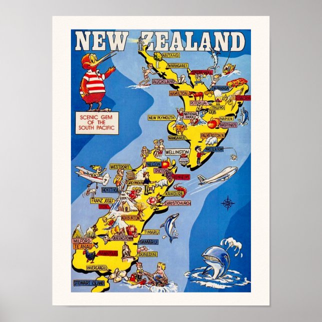 Färgglatt illustrerad nyzeeländsk trycksak poster (Framsidan)
