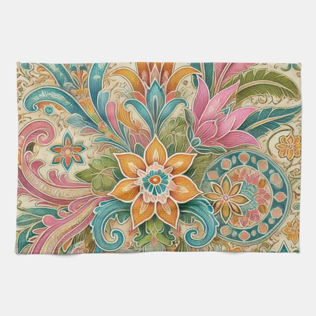 Färgglatt indonesiskt batikblommigt boho-rustikt kökshandduk (Horisontell)