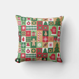 Färgglatt julinspirerat rutnät med högtidsikoner kudde