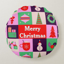 Färgglatt julinspirerat rutnät med högtidsikoner rund kudde
