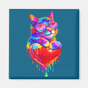 Färgglatt Katt Håller Hjärta Drip Alla Hjärtans Da Magnet