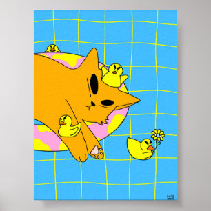 Färgglatt Katt i Poolens Badrum Poster
