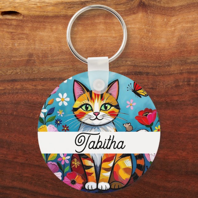 Färgglatt Katt och Fjäril Personlig Nyckelring (Framsida)