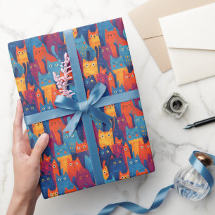 Färgglatt Kattmönster i Tecknad Stil Sött och Ny Presentpapper
