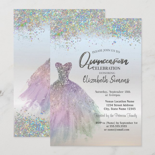 Färgglatt Konfetti  Klänning Quinceañera Inbjudningar (Fram/baksida)
