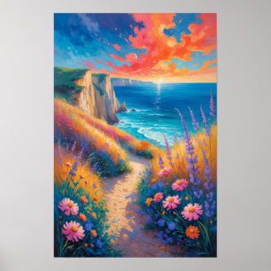 Färgglatt kuststig med blommor och havsutsikt poster