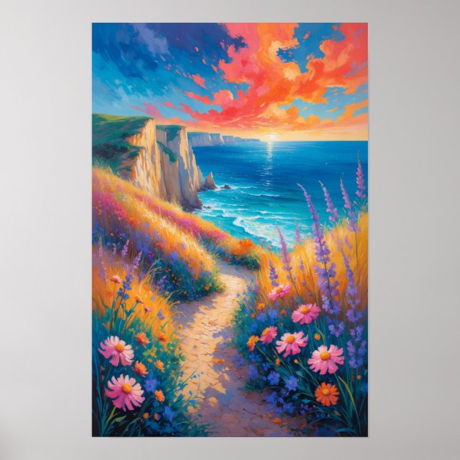 Färgglatt kuststig med blommor och havsutsikt poster (Framsidan)