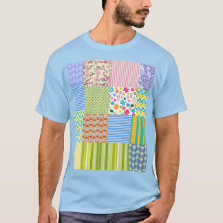 Färgglatt lapptäcks-mönstrad grafisk t-shirt