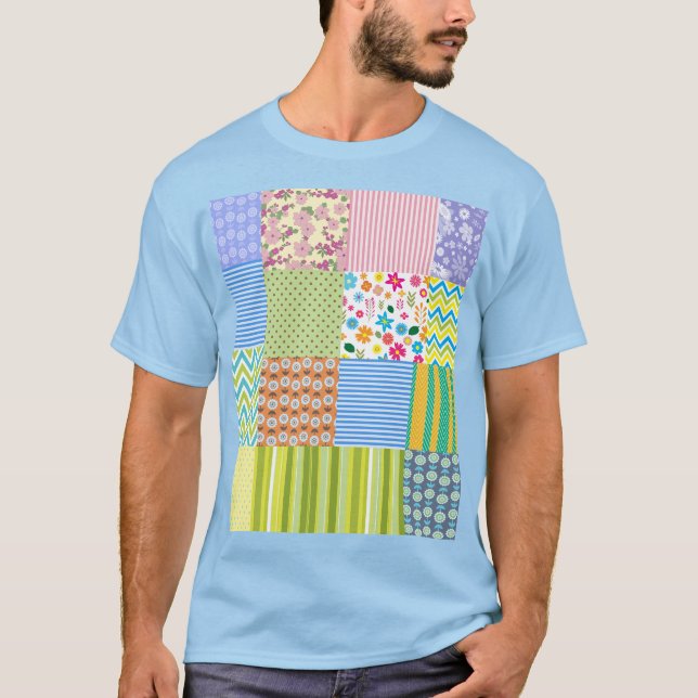 Färgglatt lapptäcks-mönstrad grafisk t-shirt (Framsida)