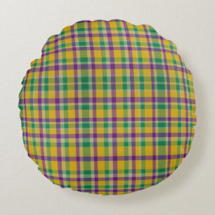 Färgglatt Mardi Gras-gingham-mönstrat Rund Kudde