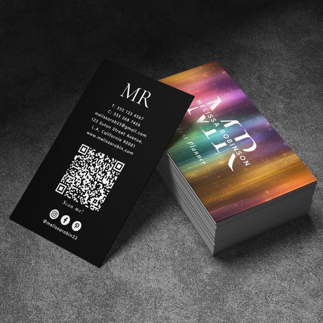 Färgglatt Metalliskt Glitter QR-kod och Monogram Visitkort (Skapare uppladdad)