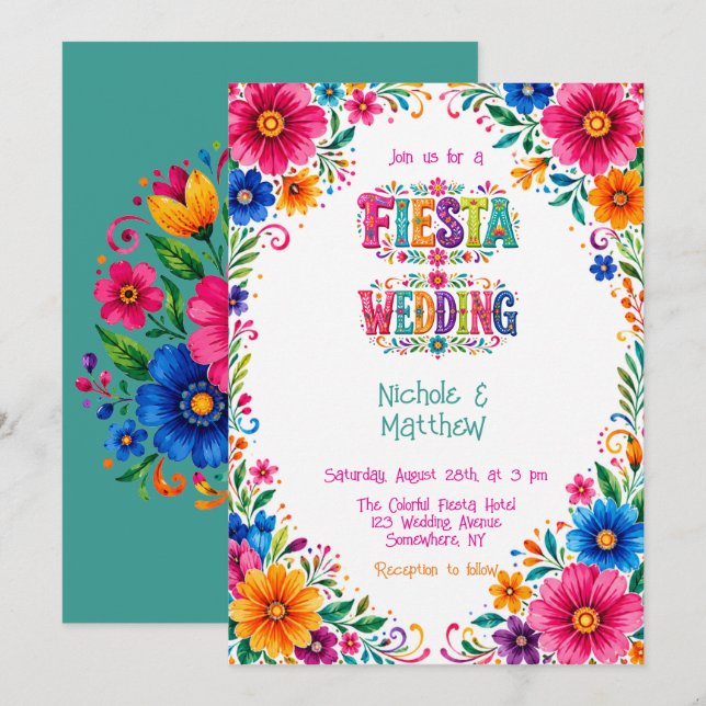 Färgglatt mexikanskt blomsterfirande bröllop inbjudningar (Fram/baksida)