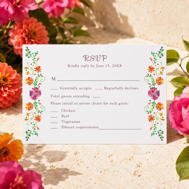 Färgglatt mexikanskt blomsterfirande bröllops-svar tack kort (Colorful Mexican Floral Fiesta Wedding RSVP Card)