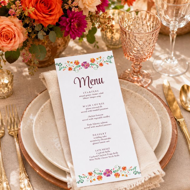 Färgglatt mexikanskt blomsterfirande bröllopsmenyk meny (Colorful Mexican Floral Fiesta Wedding Menu Card)
