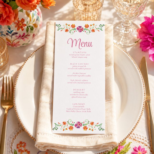 Färgglatt mexikanskt blomsterfirande bröllopsmenyk meny (Colorful Mexican Floral Fiesta Wedding Menu Card)