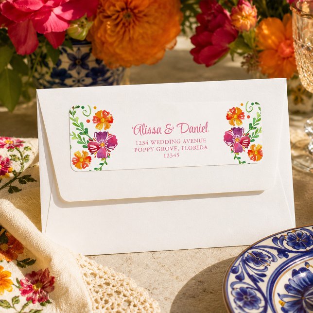 Färgglatt mexikanskt blomsterfirande returadress etikett (Colorful Mexican Floral Fiesta Wedding Classic Round Sticker)