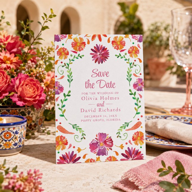 Färgglatt mexikanskt blomsterfirande Spara datum Inbjudningar (Colorful Mexican Floral Fiesta Save the Date Invitation)