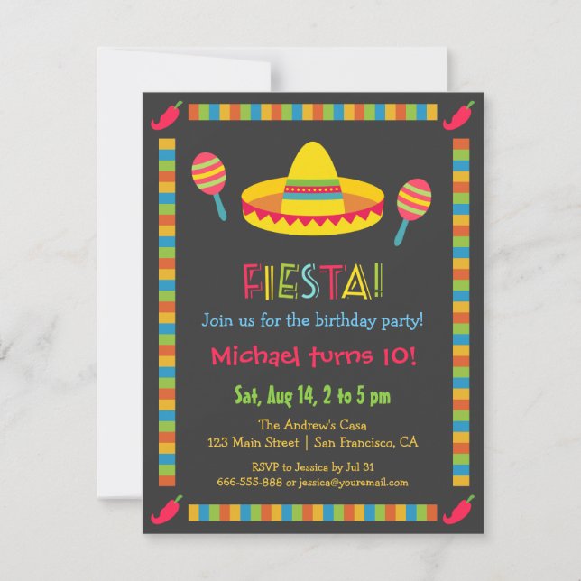Färgglatt mexikanskt fiesta barnkalas inbjudningar (Framsida)