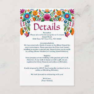 Färgglatt mexikanskt fiesta blomsterbroderi bröllo tilläggskort