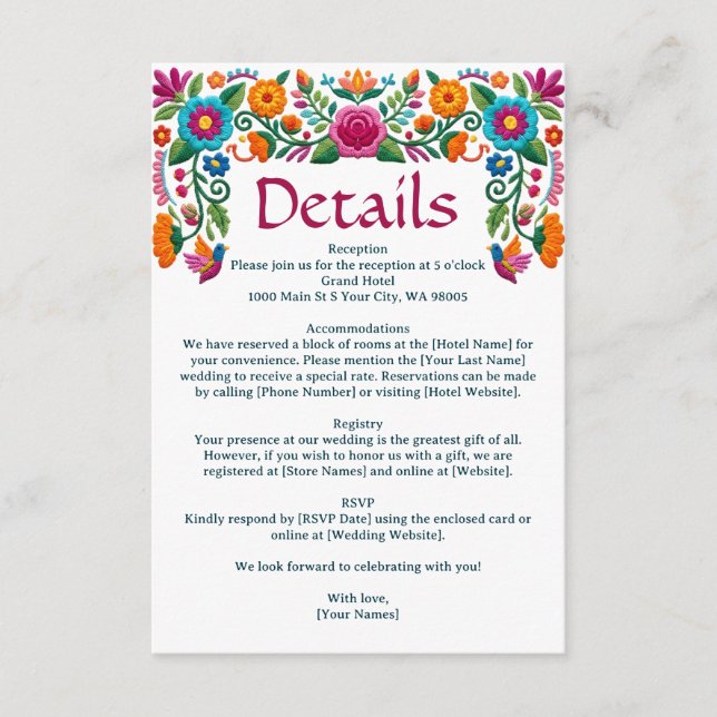 Färgglatt mexikanskt fiesta blomsterbroderi bröllo tilläggskort (Framsida)