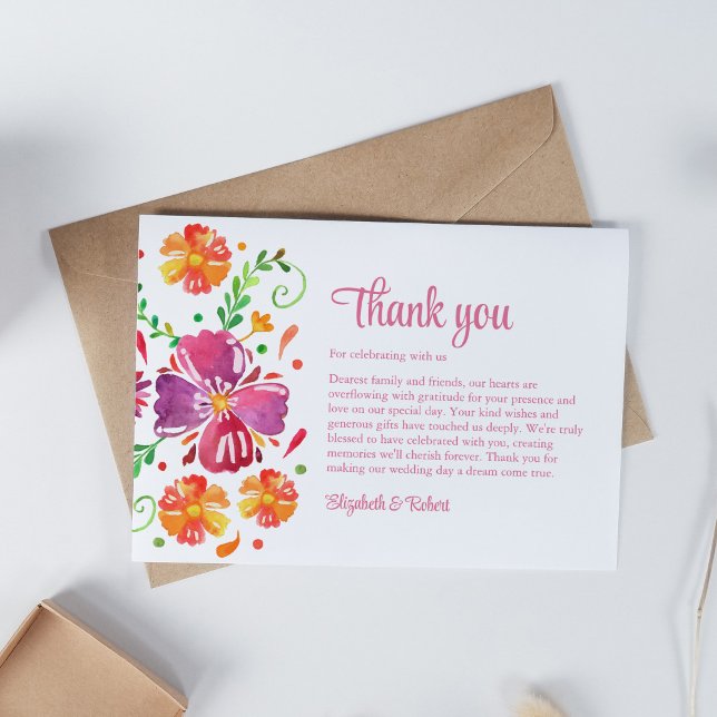 Färgglatt mexikanskt fiesta-bröllop tack kort (Colorful Mexican Fiesta Wedding Thank You Card on a white table.)