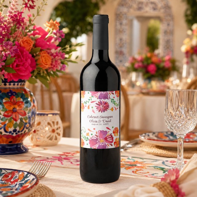 Färgglatt mexikanskt fiesta-bröllop vinflaska etikett (Colorful Mexican Fiesta Wedding Wine Label)