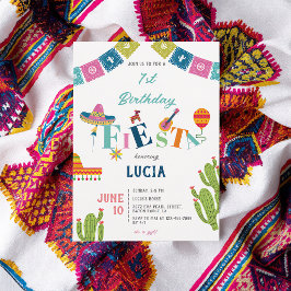 Färgglatt mexikanskt fiesta-kaktus 1-års födelseda inbjudningar