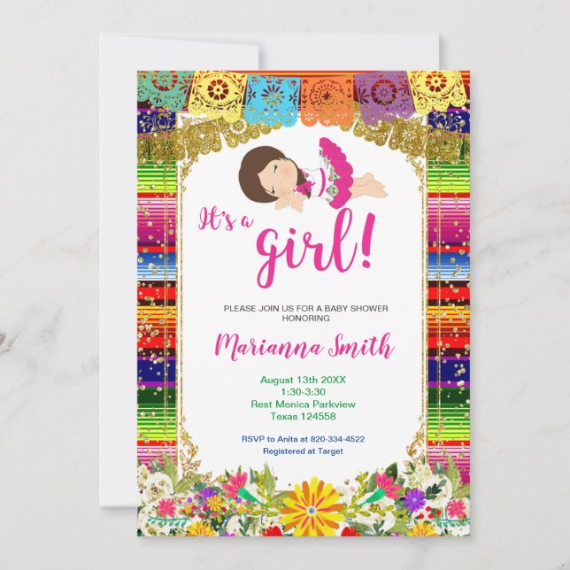 Färgglatt mexikanskt flicka blomster fiesta baby s inbjudningar (Framsida)