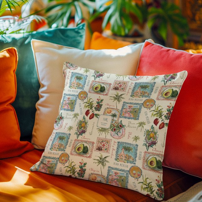 Färgglatt mexikanskt resetryck Monogram Kudde (Skapare uppladdad)