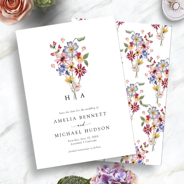Färgglatt Monogram Blommig Spara Datumet (Colorful Monogrammed Floral Save The Date by Painted Paperie
)