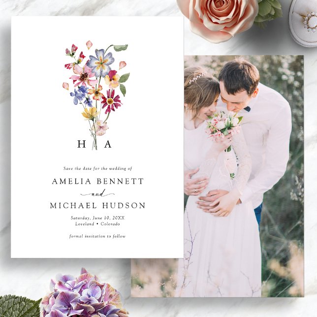 Färgglatt Monogramfoto Spara Datumet (Colorful Watercolor Floral Monogrammed Photo Save The Date by Painted Paperie
)