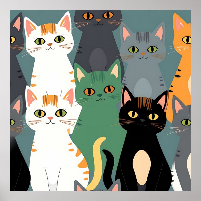 Färgglatt Mönster med Tecknade Katter Poster (Framsidan)