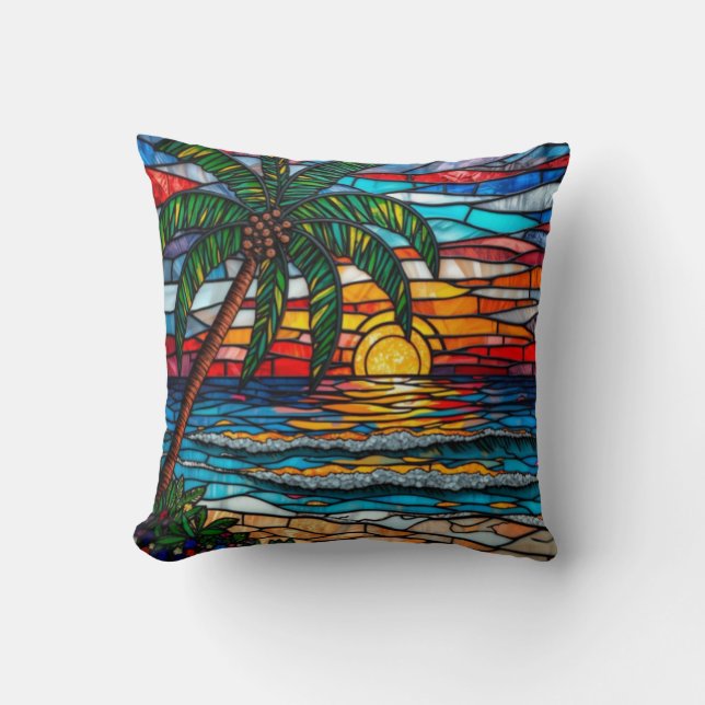 Färgglatt Mosaik Tropisk Strand Solnedgång Palm Kudde (Framsida)