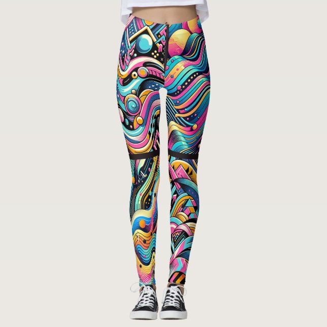 Färgglatt neon ljust abstrakt 90-tals mönstertryck leggings (Framsida)