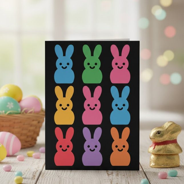 Färgglatt Påskharen Pop Art-mönster på svart Julkort (Skapare uppladdad)