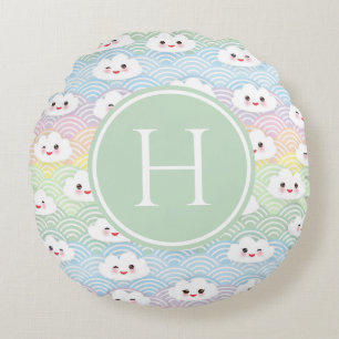 Färgglatt Pastell Kawaii Molnmönster Monogram Rund Kudde