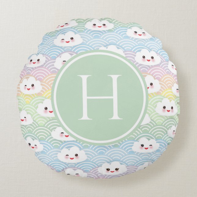 Färgglatt Pastell Kawaii Molnmönster Monogram Rund Kudde (Framsidan)