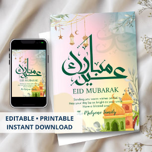 Färgglatt Pastell Solnedgång Moské Eid Mubarak-kor Julkort