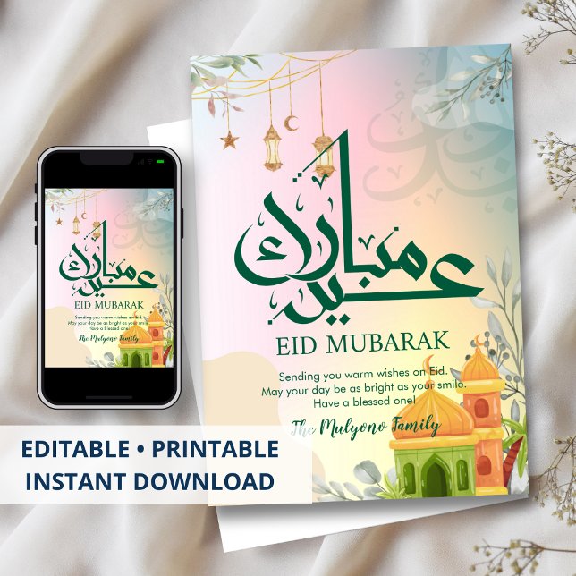 Färgglatt Pastell Solnedgång Moské Eid Mubarak-kor Julkort (Skapare uppladdad)