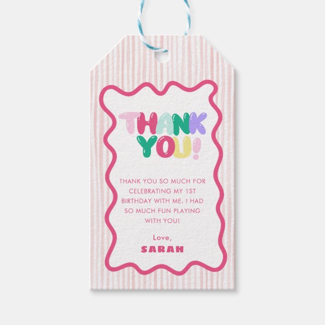 Färgglatt Randig 1-årsdag Rosa Förmånsetikett Presentetikett (Framsidan)