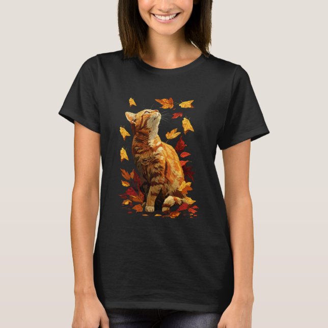 Färgglatt randigt katt med höstlöv skog höst  t shirt (Framsida)