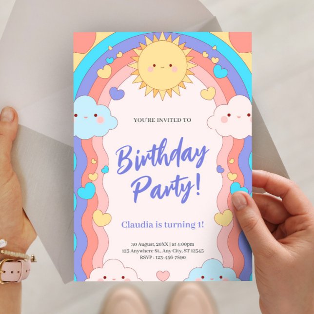 Färgglatt regnbåge & moln barn 1-års födelsedagsfe inbjudningar (Colorful Rainbow & Clouds Kids 1st Birthday Party Invitation, Sweet One Invitation)