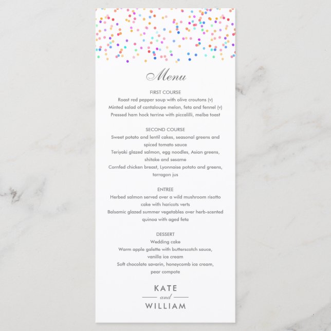 Färgglatt regnbågsconfetti bröllop meny (Framsida)