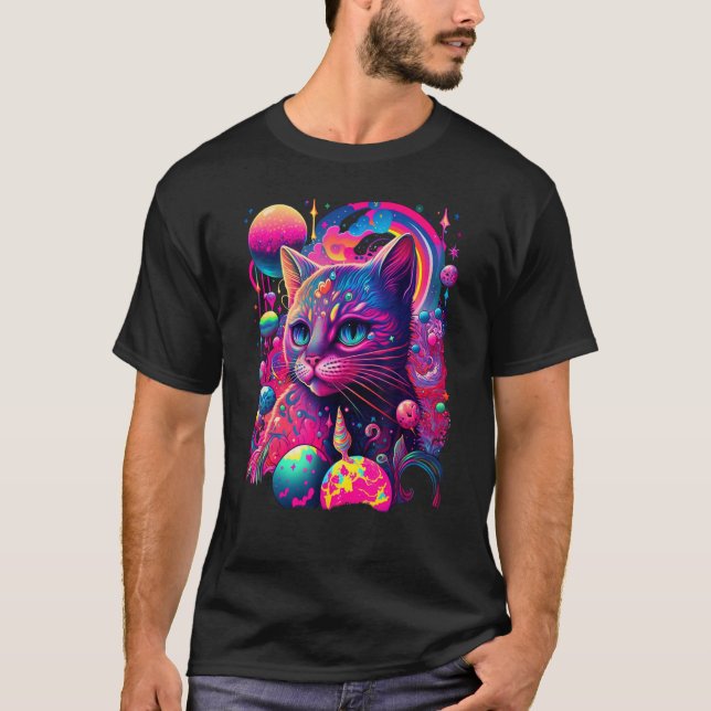 Färgglatt regnbågskatt-grafik t shirt (Framsida)