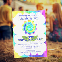 Färgglatt regnbågsty Tie Dye födelsedagsinbjudan