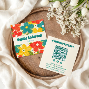 Färgglatt Retro Blommigt QR-kod Sociala Medier Fyrkantigt Visitkort