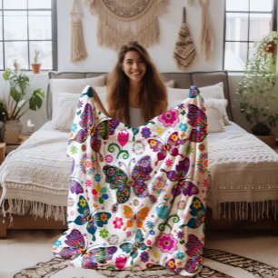 Färgglatt Retro Fjärilar Och Blommor Mönster Fleecefilt